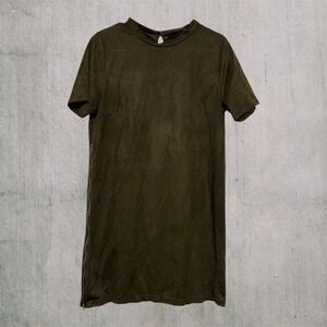 TCEC Women L Olive Velvet Suede Dress Zipper Grunge Punk Style Versatile Midi